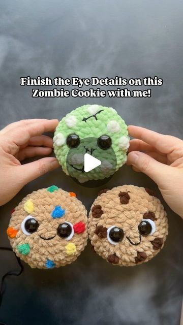 Plushie Crochet Patterns by Anna on Instagram: "This is probably the questions I’m asked the most: How do you do the eye details?  Here’s a one minute tutorial for adding a super simple detail that adds the cutest extra flair to your plushies! Today, I’m finishing up the adorably sweet Zombie Cookie!   Note: If you’re worried about it coming undone or loose, add a bit of glue under the white yarn. I add this detail to most of my plushies and the tension holds it in place without glue. But definitely make the decision on glue or no glue based on your own experiences and needs 😁  Want to make a Zombie Cookie? Pick up a copy of my Mini Chocolate Chip Cookie and use some Green Yarn as your cookie base and make some stitches with black thread! 🧟 The Link in my Bio with take you to my shops! Zombie Crochet, Zombie Cookies, Mini Chocolate Chip Cookies, Plushie Crochet, Cookie Base, Green Yarn, Eye Details, Black Thread, Mini Chocolate Chips