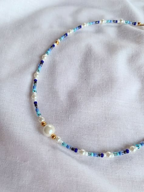 Beaded Blue Necklace, Glass Pearl Jewelry Ideas, Beach Necklace Beads, Trendy Necklaces Beads, Blue Bead Necklace, Beaded Necklaces Ideas, Necklace Beads Ideas, Necklace Diy Ideas, Jewelry Beads Ideas