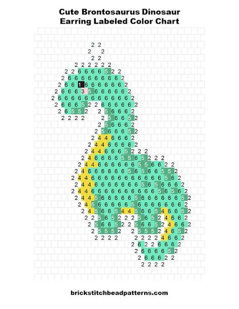 Free Cute Brontosaurus Dinosaur Earring Brick Stitch Bead Pattern Labeled Color Chart Beaded Dinosaur Pattern, Beaded Dinosaur, Cute Brontosaurus, Stitch Bead Pattern, Dinosaur Earrings, Seed Bead Pattern, Toho Beads, Dinosaur Pattern, Single Bead