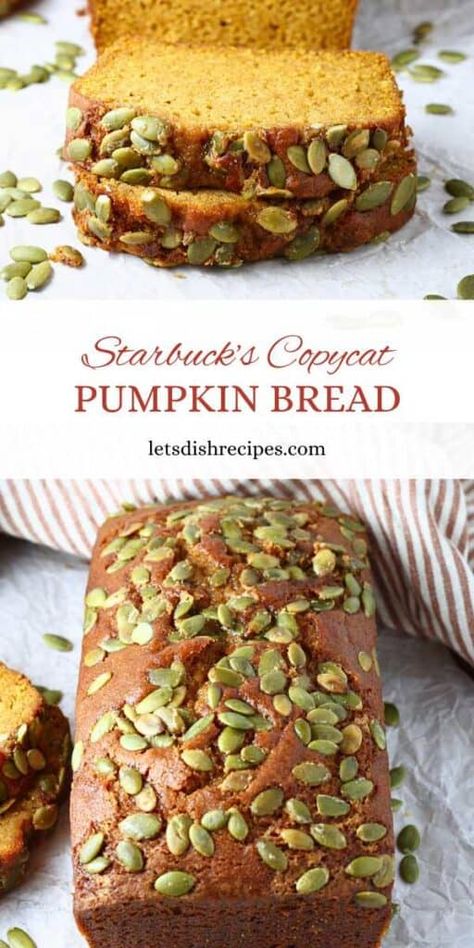 Copycat Starbucks Pumpkin Bread Recipe -- Craving Starbucks pumpkin bread but want to make it at home? This easy recipe gives you all the same fall flavors. With a moist pumpkin base and a crunchy, maple-glazed pepita topping, this bread is perfect for breakfast or a sweet snack. Starbucks Copycat Pumpkin Bread, Pumpkin Bread With Pecan Topping, Martha Stewart Pumpkin Bread, Copycat Starbucks Pumpkin Bread, Pumpkin Bread Starbucks, Starbucks Gingerbread Loaf, Starbucks Pumpkin Bread Recipe, Pumpkin Bread Starbucks Copycat, Pumpkin Pecan Bread