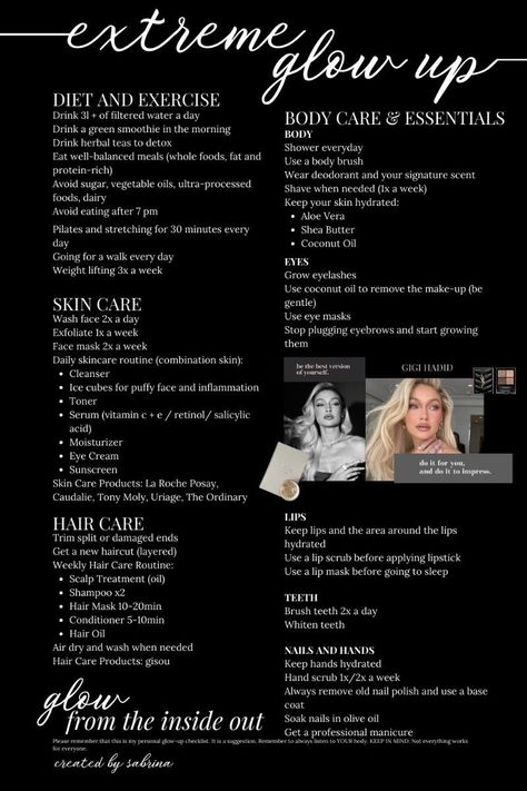 Extreme Glow Up Checklist x Gigi Hadid | Diet Exercise Skin and Hair Care Body Care Essentials Glow Up Diaries, Clean Girl Routine List, Extreme Glow Up, Gigi Hadid Diet, That Girl Routine, Teeth Fashion, Clean Girl Routine, Clean Girl Essentials, Aesthetic Diet