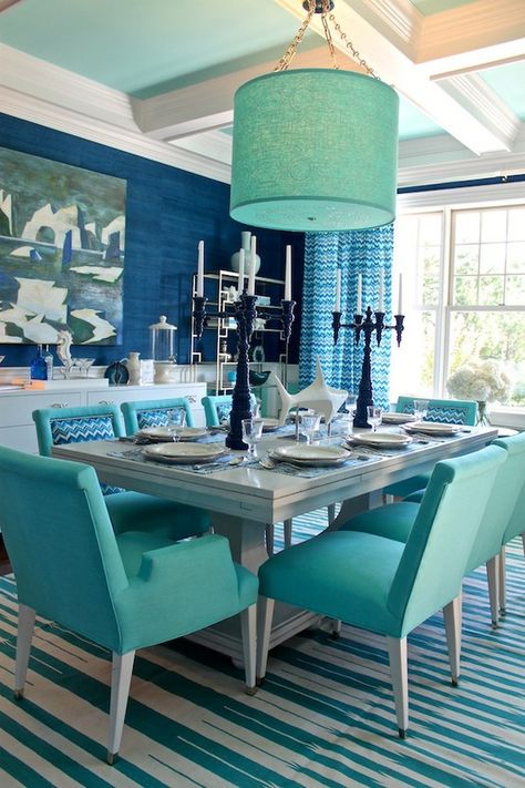 Color inspiration for master bedroom.  Blue grass cloth wallpaper. Aqua comforter. Gray furniture. Navy and white accents.  Print curtains. Turquoise Dining Room, Turquoise Room, White Furniture, The Ceiling, Wainscoting, Blue Walls, Dining Room Design, On The Floor, Room Table