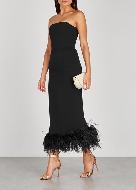 Minelli black feather-trimmed midi dress Feather Trim Dress, Black Feather Dress, Rachel Green Outfits, Gaun Fashion, Feather Trim, Trim Dress, Feather Dress, Gala Dresses, Glam Dresses