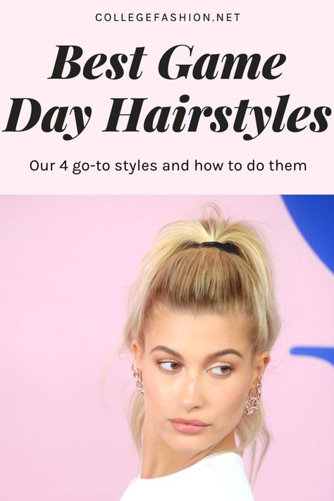 Best Game Day hairstyles - our go to hairstyle ideas for college game day, sporting events and beyond Game Day Hairstyles Low Ponytail, Hair Ideas For Game Day, Football Game Hairstyles Women, College Game Day Hairstyles, College Football Game Day Hair, Gameday Hairstyles Football College, Football Game Day Hair, College Game Day Hair, Easy Game Day Hairstyles