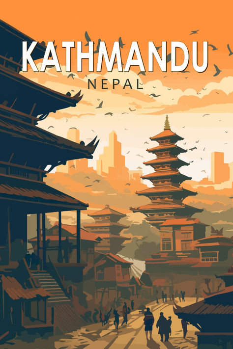 Artistic depiction of Kathmandu, Nepal in a classic retro style, emphasizing the city's rich cultural history and iconic landmarks. Nepal Illustration, Tourism Logo, History Illustration, Landmark Poster, Nepal Art, Wanderlust Decor, Nepal Kathmandu, Diy Travel Journal, Tourism Poster