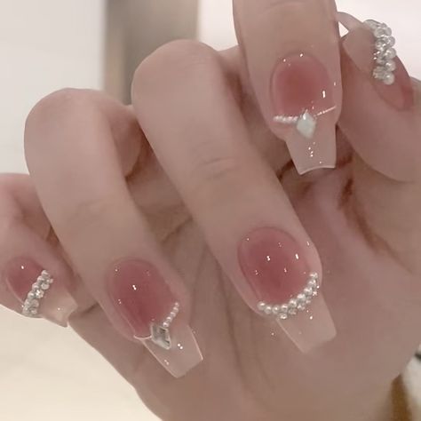 Square Jelly Nails, Yn Nails, Asian Nails, Beauty Nails Design, Gel Nails Diy, Grunge Nails, Blush Nails, Really Cute Nails, Pearl Nails