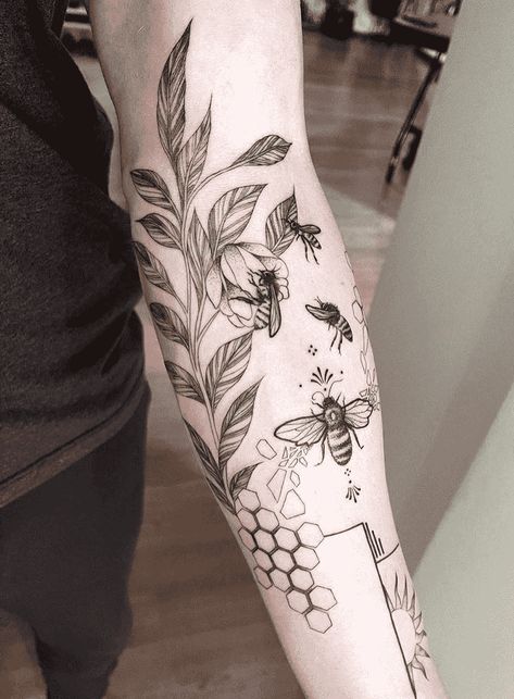 Bumble Bee Tattoo Forearm, Bee And Hexagon Tattoo, Bee Tattoo Sleeve Flower, Beehive Tattoo Sleeve, Big Bee Tattoo, Honey Comb And Bees Tattoo, Floral Bee Tattoo Design, Large Bee Tattoo, Honeycomb Leg Tattoo