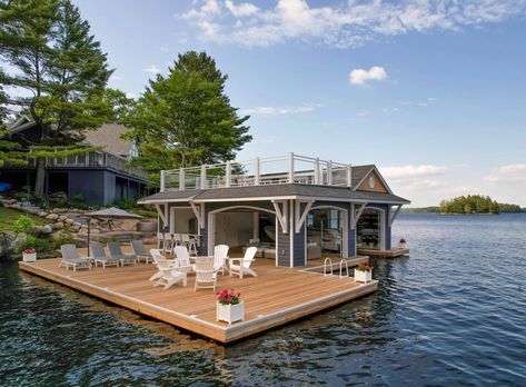 Beach House With Boat Dock, Lake Docks Designs, Muskoka Boathouse, Duffy Boat, Lake House Dock, Dock Design, Boathouse Design, Lakefront Cabin, Lake Muskoka