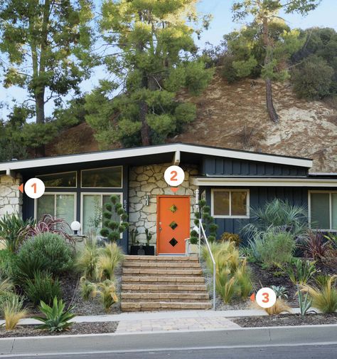 Curb Appeal Ideas From Retro Ranch Houses — HGTV Magazine 1950s Mid Century Modern Home Exterior, Ranch House Front Porch, Ranch Front Porch Ideas, Mid Century Curb Appeal, Retro House Exterior, Mid Century Modern Exterior Paint, Ranch Curb Appeal, Mid Century Modern Homes Exterior, Mcm Exterior