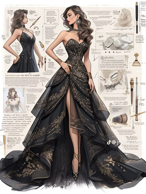 Black Dress Concept Art, Masquerade Ball Gowns Elegant With Mask, Black Fantasy Gown, Performance Gown, Harry Potter Wedding Dress, Celestial Gown, Dresses Sketches, Victorian Dress Gown, Masquerade Gown