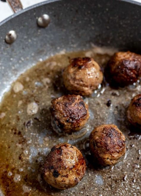 Trisha Yearwood Recipes, Meatballs And Gravy, Fried Meatballs, Meatball Dinner, Over Mashed Potatoes, Vidalia Onion, Meatball Sauce, Meatball Recipes Easy, How To Cook Meatballs