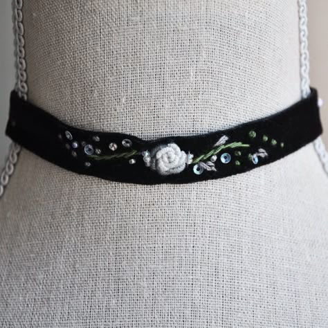 "Vintage Choker // Flower Choker // Black Velvet Choker // Black Flower Choker // Floral Necklace // Boho Jewelry This beautiful blossoming black velvet choker is created with vintage ribbon for an upcycled free-spirited modern look. The flower choker is created with hand embroidered floral motifs, glass beads and embellished with tiny colorful sequins for a pop of sparkle. The clamps on each side are gold plated brass and hold the ends of the velvet in place. The vintage flower choker comes wit