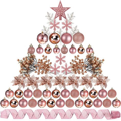 PRICES MAY VARY. Rose Gold Christmas Decoration Set: this package comes with 94 pieces Christmas tree decorations set, including 53 pieces Christmas ball ornaments, 12 pieces berry picks, 6 pieces glitter berry stems, 10 pieces Christmas leaves, 12 pieces Christmas flowers with clips and 1 roll of ribbon, the quantity is sufficient to meet your home decorative needs on Christmas Reliable and Sturdy: made of quality plastic material, these rose gold Xmas tree decorations are reliable and solid, t Rose Gold Themed Christmas Tree, Rose Gold Pink Christmas Tree, Pink Gold White Christmas Tree, Rose Pink Christmas Decorations, Champagne Pink Christmas Tree, Rose Gold And Pink Christmas Tree, Red And Rose Gold Christmas Tree, Rose Gold And Champagne Christmas Tree, Christmas Tree Ideas Pink And Gold