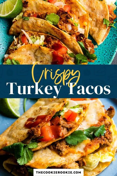 Mix up your Mexican night with these delicious crispy turkey tacos! Simple and easy to make, seasoned ground turkey is added to tortillas before being fried to crispy perfection! Ground Turkey Soft Tacos, Healthy Turkey Tacos, Turkey Tacos Recipes Ground, Taco Recipes Ground Turkey, Ground Turkey Tacos Recipes, Taco Thanksgiving, Tacos Ground Turkey, Ground Turkey Mexican, Chicken Tacos Recipes