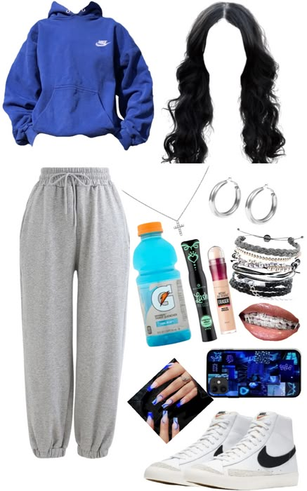 ate that upppp💙💙💙💙 Outfit | ShopLook Outfits Ideas Sweatpants, Grey Sweat Pants Outfit Women, Comfy Breakfast Outfit, Outfits For Sweatpants, Dark Sweatpants Outfit, Comfy School Outfits Sweatpants, Cute Fits With Sweatpants, Outfits With Sweatpants For School, Black Nike Sweatpants Outfits