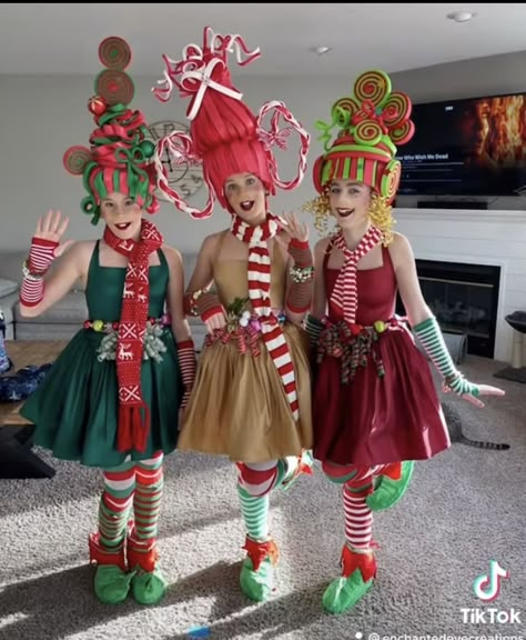 Who Christmas Costume, The Grinch Movie Characters, Whoville Nose Diy, Hooville Costumes, Who Ville Costume, Grinch Party Costume Ideas, Grinch And Whoville Costumes, Whoville Dressup Ideas, Homemade Christmas Outfits