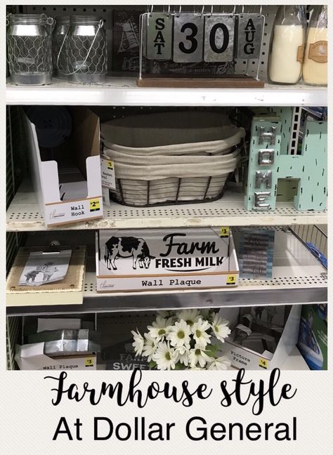 I recently popped into Dollar General to find ingredients to make glitter glue slime. I didn’t find the glitter glue, but I did stumble across this end cap: Look at all those farmhouse style … Dollar General Home Decor, Dollar General Store, Diy Farmhouse Ideas, Diy Farmhouse Decoration, Cheap Farmhouse Decor, Farmhouse Decoration, Primitive Decorating Country, Diy Farmhouse Decor, Dollar General