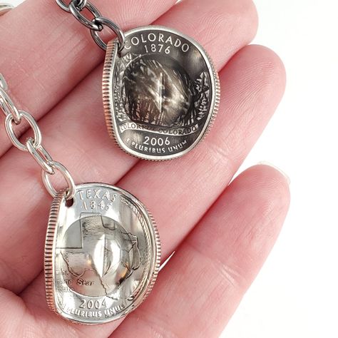 "State Quarter Cowboy Hat Coin Keychain. These coin keychains are handmade to order using actual United States quarters. The chain and hat measure about 2\" in length from the key ring. Rep your favorite state with one of these unique keychains! Visit our FAQ section: https://www.etsy.com/shop/MidnightJo?ref=hdr_shop_menu#more-section NOTE: These are completely handmade, no two pieces are exactly alike nor are they perfect. Antique finish is on the surface and will wear away with time, when it i Cowboy Hat Keychain, Coin Keychain, Chains Aesthetic, Golden Co, Cowgirl Gifts, State Quarters, Gothic Castle, Unique Keychains, Coin Ring