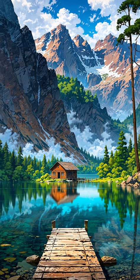 House Lake Forest, Wallpaper House, Pixel Art Landscape, House Lake, Amoled Wallpapers, Dreamy Landscapes, Mountains Landscape, Image Nature, Abstract Art Wallpaper