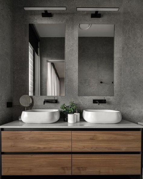 polytec on Instagram: "Sophisticated and timeless is how we would describe this bathroom designed by Sharon Bunfield from D&M Designs. Combining polytec Black Woodmatt and Notaio Walnut Woodmatt on this custom vanity gives the feeling of depth and detail. Design: D & M Designs Joinery: @castlewoodkitchens Builder: Lambert Building Group Photography by: Knezz Media" Take Me To The River, Joinery Design, 70s Home, Group Photography, Apartment Projects, Custom Vanity, Blue Mountains, Blue Mountain, Home Reno