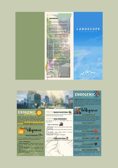 Endogenic Processes, Brochure Design Ideas Aesthetic, Typhoon Brochure, Canva Brochure Ideas, Aesthetic Pamphlet, Brochure Ideas For School Project, Exogenic Process, Pamphlet Ideas, Physical Weathering