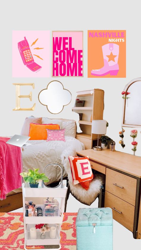 Dorm Room Shuffles, Preppy Dorm Room Ideas Pink And Orange, Pink And Orange College Dorm, Fsu Dorm, Preppy Pillows Dormify, Dorm Room, Apartment