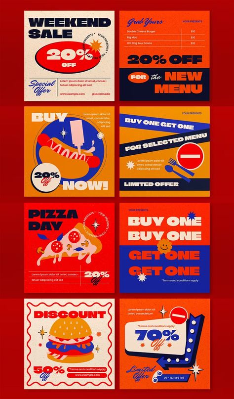 Red Retro Fast Food Sale Banner Templates AI, PSD. Artboard size: 1080x1080 px Sales Banner Design, Retro Fast Food, Fast Food Website, Fast Food Social Media Design, Fast Food Social Media, Retro Banner, Promotion Poster, Retro Website Design, Shop Banner Design