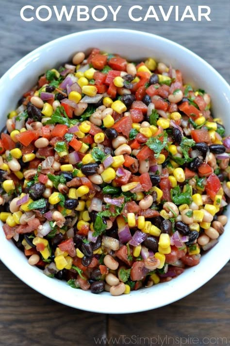 Cowboy Caviar is a colorful blend of fresh ingredients, beans, and mild spices with a touch of lime juice. Serve with your favorite chips for a fabulous, healthy appetizer. Clean Eating Appetizers, Caviar Recipes, Diy Easy Recipes, Cowboy Caviar, Paleo Snacks, Clean Eats, Healthy Appetizers, Samosa, Fresh Ingredients