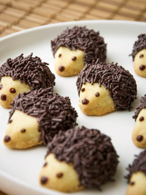 Hedgehog Snack Ideas, Hedgehog Donut Holes Recipe, Hedgehog Donut Holes, Hedgehog Cupcakes How To Make, Autumn Baking For Kids, Simple Recipes Baking, Hedgehog Cookies Decorated, Porcupine Cookies, Cookie Ideas Creative