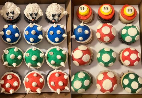 Mario Cupcakes Super Mario Theme Cupcakes, Mario Bros Cupcakes Ideas, Super Mario Bros Cupcakes, Mario Pull Apart Cupcake Cake, Bowser Cupcakes, Mario Cupcake Ideas, Mario Kart Cupcakes, Mario Birthday Cupcakes, Mario Kart Cupcake Cake