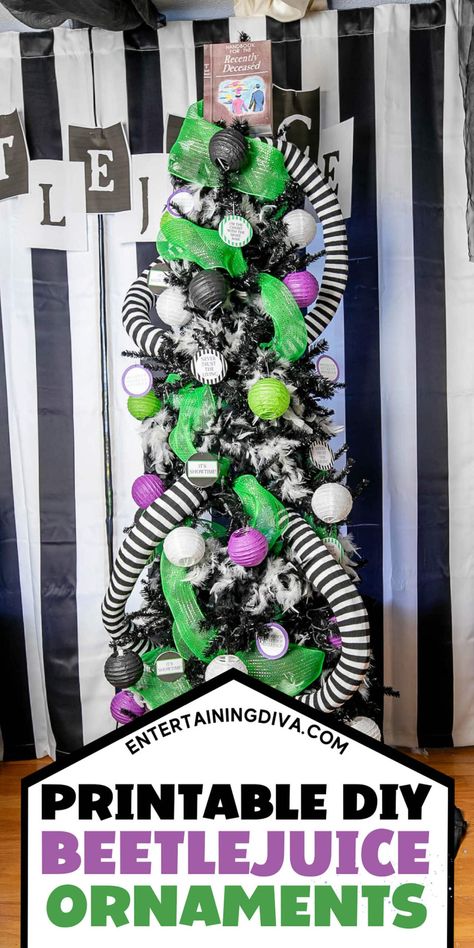 DIY Beetlejuice Tree Ornaments | Halloween Decorations Beetlejuice Christmas, Diy Beetlejuice, Easy Diy Ornaments, Diy Halloween Tree, Beetlejuice Party, Halloween Tree Decorations, Halloween 23, Easy Ornaments, Beetlejuice Halloween