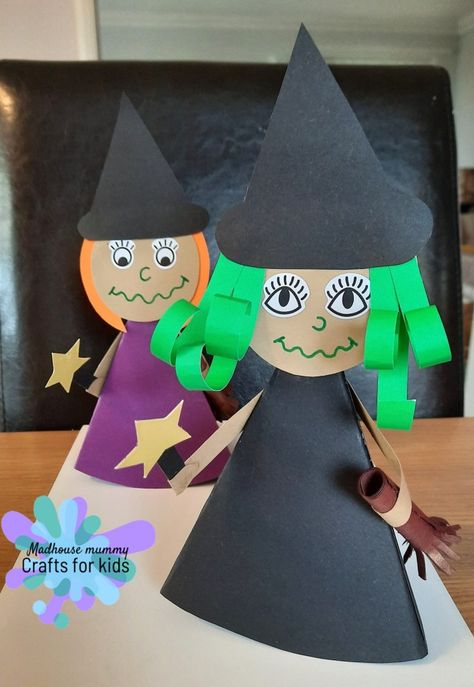 Easy paper Halloween witches. - This Crafty Family Kids Crafts Toddlers, Craft For Children, Mummy Crafts, Halloween Infantil, Paper Halloween, Homemade Halloween Decorations, Kids Homemade, Paper Cones, Halloween Witches