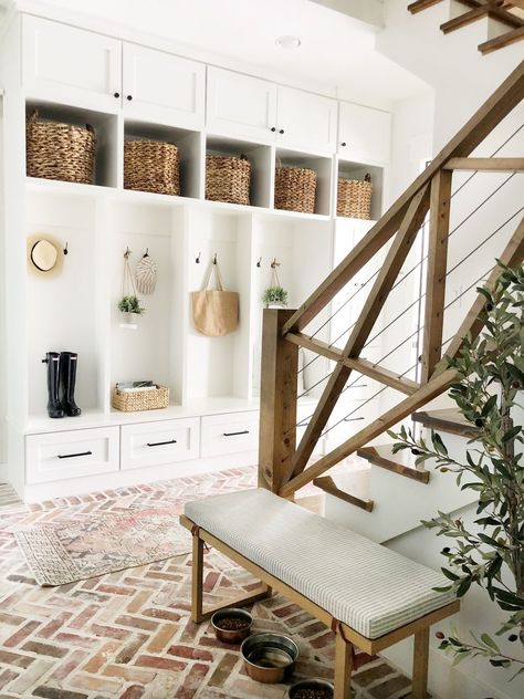 Mudroom Makeover, Iron Console Table, Brick Paneling, Decor Steals, Stair Railing, Interior Design Firms, Best Interior, Railing, Pillow Design