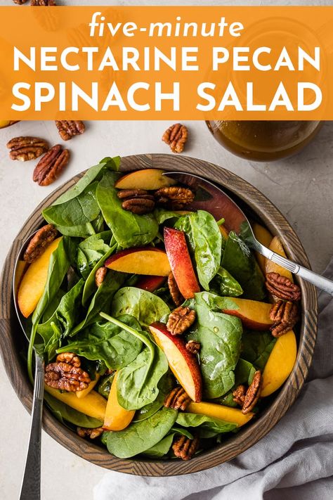 The easiest, most delicious thing to make with late summer nectarines! A simple spinach salad recipe gets dressed up with sliced nectarines, sweet toasted pecans, and a drizzle of tangy balsamic vinaigrette. This salad goes with everything, is easy to throw together, and gives you another creative option for using the gorgeous late summer stone fruit! #spinachsalad #nectarines #summerrecipes #summersalad Spinach Salad Recipes Dressing, Salad With Nectarines, Nectarine Salad, Stone Fruit Salad, Simple Spinach Salad, Brunch Salad, Cooking Spinach, Spinach Salad Recipes, Summer Salad Recipes