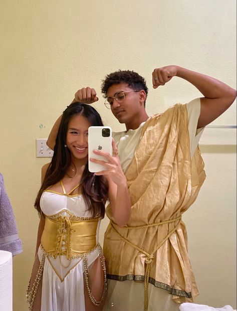 Halloween, couples costume, gold costume, greek costume, goddess costume Couple Halloween Costumes Greek Gods, Zeus And Hera Costume, Greek God Couple Costume, Greek Gods Couple Costume, God And Goddess Costume Couple, Hera Costume, Greek Halloween Costumes, Rome Party, Partner Costumes