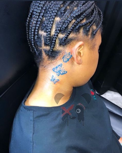 Blue Neck Tattoo, Blue Butterfly Tattoo Behind Ear, Blue Ink Tattoos Black Women, Blue Tattoo On Brown Skin, Neck Tats, Baddie Tats, Blue Ink Tattoos, Butterfly Neck Tattoo, Butterflies Tattoo