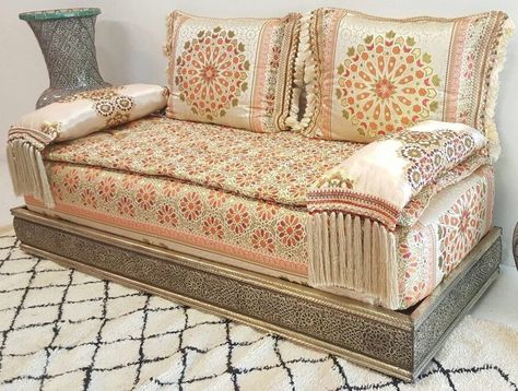 Eclectic Moroccan Upholstered Fabric Couch, Moroccan Furniture Daybed Sofa That Would Add a Special Tone to Your Bedroom or Living Room - Etsy UK Moroccan Couch, Moorish Furniture, Golden Sofas, Moroccan Sofa, Fabric Couch, Metal Daybed, Moroccan Living Room, Moroccan Furniture, Upholstery Diy