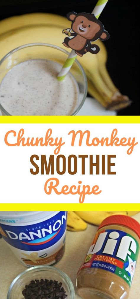 This delicious Chunky Monkey Smoothie combines bananas, peanut butter and chocolate chips! There's even a fun monkey printable to make a cute straw for the kids. #smoothie #chunkymonkey #strawhanger #banana #peanutbutterbanana #kidfriendly Chocolate Smoothie For Kids, Banana Monkey Drink, Peanut Butter Banana Chocolate Smoothie, Banana Cashew Smoothie, Chunky Monkey Smoothie, Monkey Printable, Jif Creamy Peanut Butter, Peanut Butter And Chocolate Chips, Recipe Printable