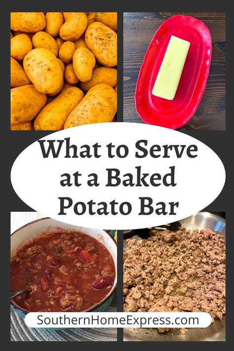 Baked Potato Bar Sides Appetizers, Baked Potato Fundraiser, Meals That Feed A Lot Of People, Bake Potatoe Bar For A Crowd, Hot Potato Bar Ideas, Backed Potatoe Bar Ideas, Chili For Baked Potato Bar, Chili Recipe For Baked Potato Bar, Potatoe Bar Toppings