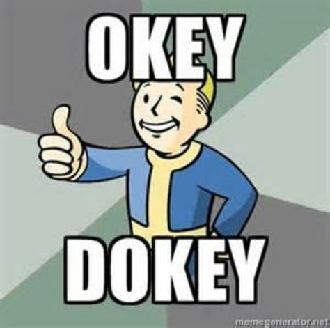 Although we spell this: Okie Dokie Fallout Meme, Fallout Funny, Fallout Game, Fallout 3, Okie Dokie, Fallout New Vegas, Boy Quotes, Boy Pictures, Gaming Memes