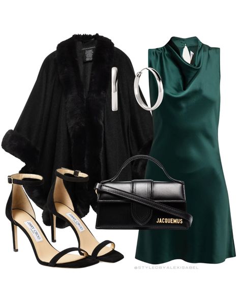 Dark green silk dress with black cashmere cape and high heels with Jacquemus bag 🖤 #StyledbyAlexIsabel #fashion #outfit #outfitideas #summeroutfit #jacquemus Dark Green Silk Dress, Dark Green Outfit, Lovers Outfit, Silk Dresses Outfit, Girl Qoutes, Green Silk Dress, Winter Style Guide, Art Girl Aesthetic, Stories Love