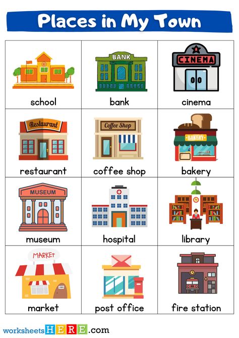 Places in My Town Flashcards, Town City Places Names List with Pictures Places In Town Flashcards, My Town Activities, Names For Towns, Noun Town, Nouns For Kids, Aba Materials, Person Place Thing, Kindergarten Pictures, Community Places