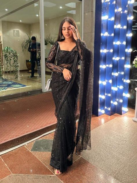 Black Netted Saree, Satin Saree With Full Sleeve Blouse, Saree For Farewell Party Beautiful, Farewell Sarees School Black, Organza Sarees Black, Saree For Friends Wedding Indian, Black Saree For Farewell Party, Black Saree Styling Ideas, Black Saree Farewell