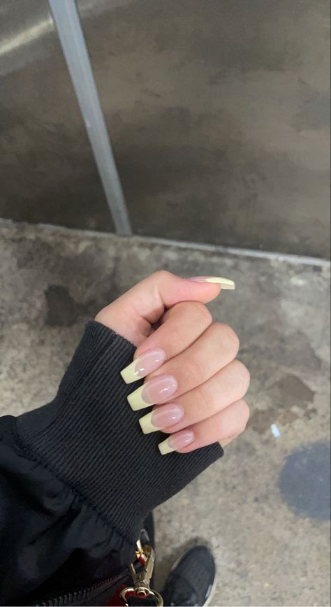 Yellow French Tip Nails Coffin, Soft Yellow Acrylic Nails, Milky Yellow Nails, Yellow French, Baby Yellow French Tip Nails, Yellow Coffin Nail Ideas, Light Yellow French Tip, Pastel Yellow French Tip Nails, Light Yellow Nails French Tip