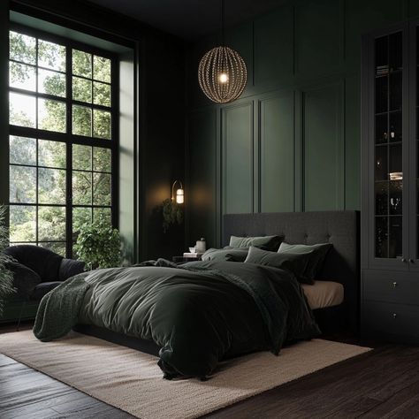 Visit www.Laveniashash.com for professionally curated paint color schemes for the interior of your home. Receive your PDF download instantly upon purchase. All details can be found on my website. Thanks 😊 Dark Green Bedroom Walls And Ceiling, Dark Bedroom Green, Dark Green Room Paint, Dark Green Bedroom Men, Dark Green Bedroom Inspirations, Green And Black Walls, Moody Bedroom Green, Dark Green Room Ideas, Green And Black Home