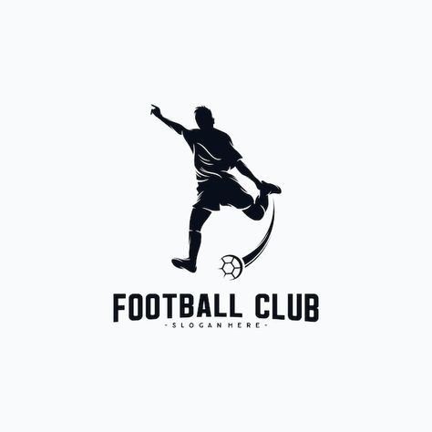 Football player silhouette logo design v... | Premium Vector #Freepik #vector #football-kick #soccer-player #kick-ball #playing-soccer Football Club Logo Design Ideas, Soccer Design Graphics, Football Logo Design Ideas, Soccer Logo Design Ideas, Football Logo Design Soccer Sports, Football Player Silhouette, Graphic Moodboard, Silhouette Logo Design, Sports Brand Logos