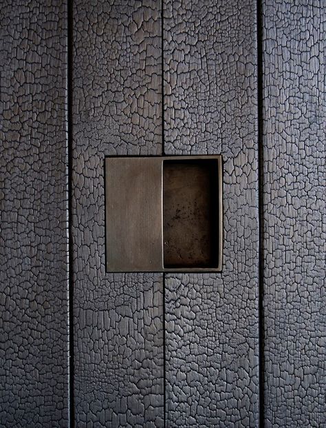 Texture inspiration Brass Door Handle, Burned Wood, Joinery Details, Charred Wood, Shou Sugi Ban, Brass Door Handles, Materials And Textures, Brass Door, Furniture Details