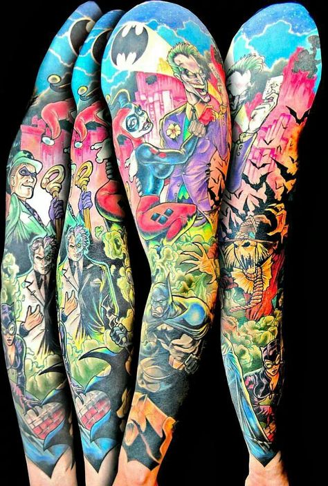 Awesome batman Batman Tattoo Sleeve, Colored Tattoos, Dc Tattoo, Comic Book Tattoo, Comic Tattoo, Dark Wave, Batman Tattoo, Marvel Tattoos, Joker Tattoo