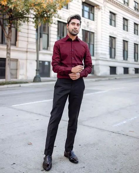 Discover Top 17 Men's Shirt & Black Pant Combos for a Dapper 2024 Look GentsOsprey Black Pants Outfit Mens, Maroon Shirt Outfit, Blue Shirt Black Pants, Men Formal Outfit, Maroon Dress Shirt, Shop Outfits, Maroon Outfit, Black Pants Outfit, Black Outfit Men