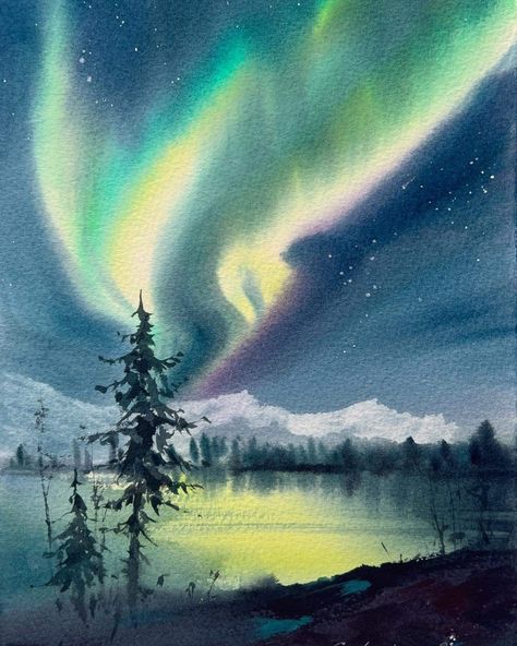 Northern Lights Watercolor, Aurora Borealis Painting, Northern Lights Art, Northern Lights Painting, Horizontal Painting, Watercolor Art Landscape, Night Sky Painting, Northern Lights (aurora Borealis), Art Watercolor Painting